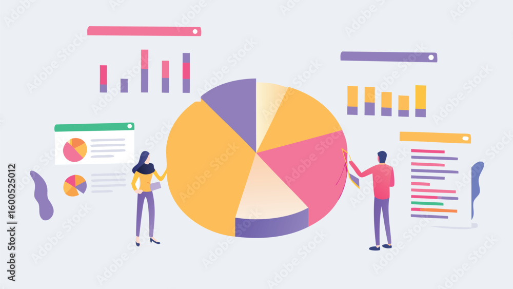 Aufkleber illustration of people analyzing data with pie chart and bar graphs for business presentation design