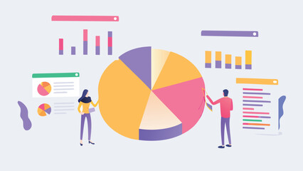 Illustration of people analyzing data with pie chart and bar graphs for business presentation design