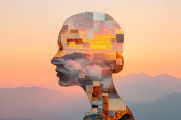 In 'Digital Dissolution', a face rendered digitally breaks apart into tiny pixels with a sunset serving as the background