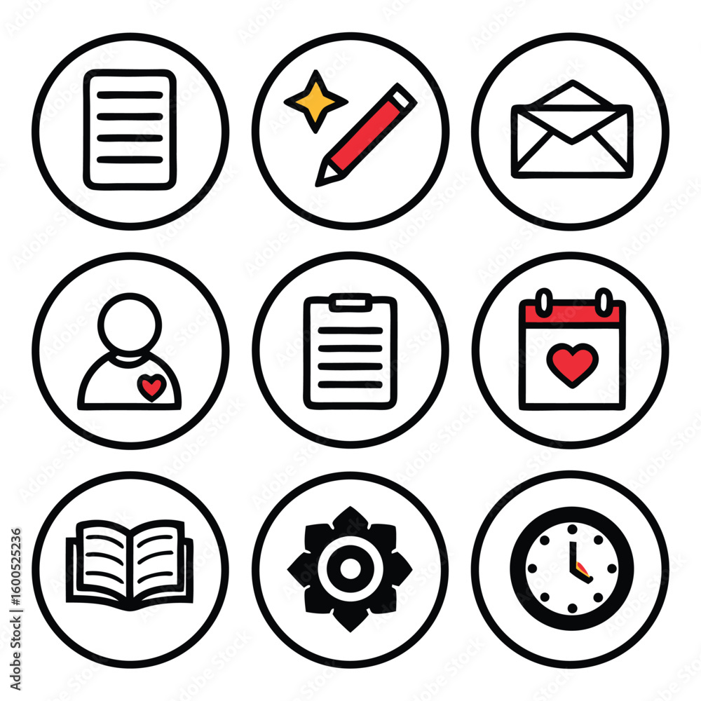 Poster collection of nine circular icons representing various concepts like writing communication and perso