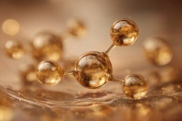 macro shot of a golden molecule floating in viscous fluid, glimmering highlights, abstract warm-tones background, depth of field, cinematic soft light