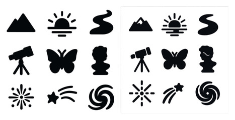 Obraz premium Nature and astronomy silhouette icons set – solid, filled, landscape symbols
