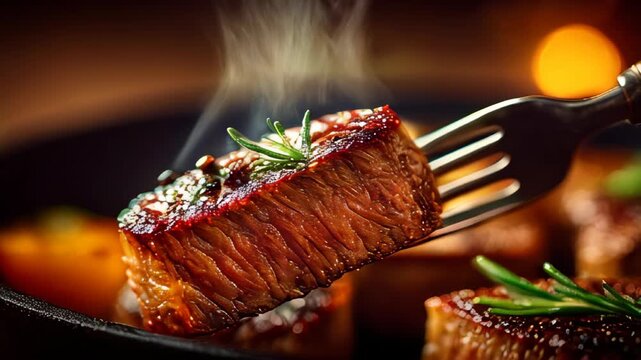 Perfectly grilled steak with herbs showcases culinary skill and flavor at outdoor gathering in the evening