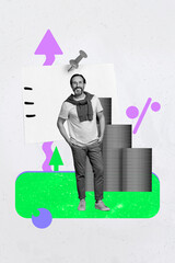 Pop banner collage of person business standing with coins plan list paper on pastel background