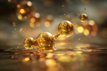 macro shot of a golden molecule floating in viscous fluid, glimmering highlights, abstract warm-tones background, depth of field, cinematic soft light