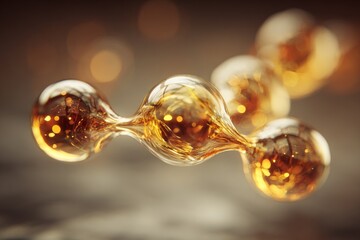 macro shot of a golden molecule floating in viscous fluid, glimmering highlights, abstract warm-tones background, depth of field, cinematic soft light
