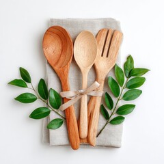 Wooden kitchen utensils on a linen cloth with greenery