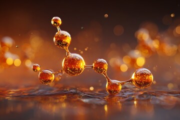 macro shot of a golden molecule floating in viscous fluid, glimmering highlights, abstract warm-tones background, depth of field, cinematic soft light