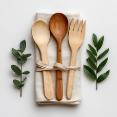 Wooden utensils on a linen napkin with greenery
