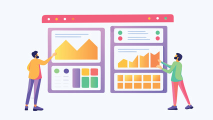 Two people interacting with a data dashboard with charts and graphs on a purple frame design
