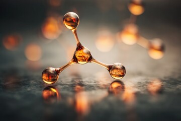 macro shot of a golden molecule floating in viscous fluid, glimmering highlights, abstract warm-tones background, depth of field, cinematic soft light