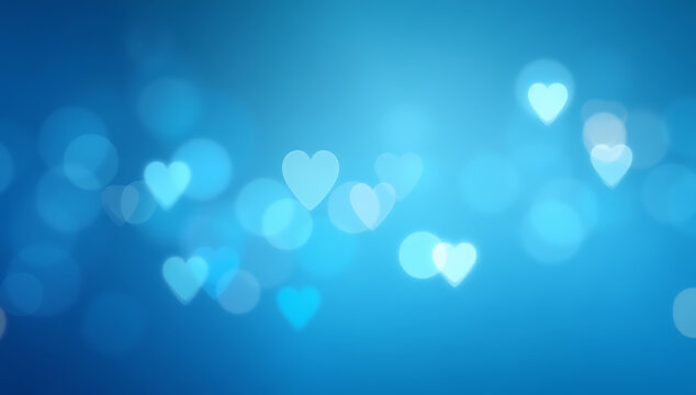 A serene blue background is adorned with soft bokeh lights in the shape of hearts evoking a feeling of love and romance