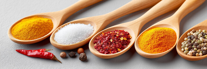 Vertical arrangement of five rustic wooden spoons filled with colorful culinary spices, golden turmeric powder, fine white powder, coarse red chili flakes, rich orange ground spice,peppercorns.