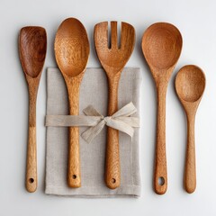Wooden Utensils on Linen Napkin