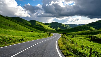 Road winds through rolling green hills.