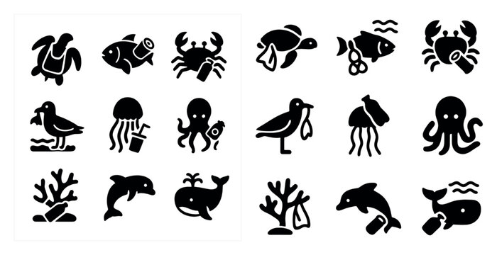 Sea life silhouette icons set – marine, ocean, aquatic creatures symbols