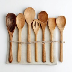 Wooden kitchen utensils arranged on a cloth