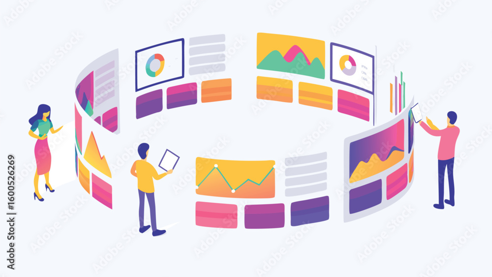 Aufkleber isometric illustration of people analyzing data on curved screens with various charts and graphs