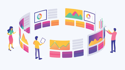 Isometric illustration of people analyzing data on curved screens with various charts and graphs