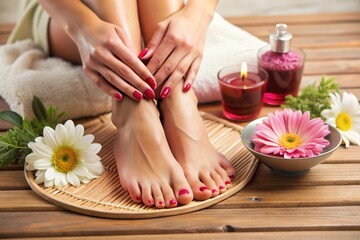 Women's well-groomed legs with manicure. Spa, beauty	