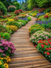 Obraz premium Wooden path winding through vibrant garden of colorful flowers
