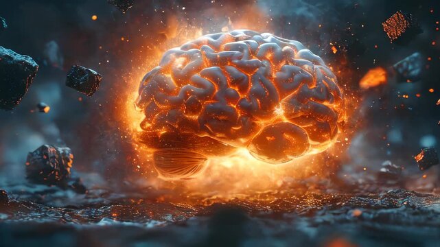 Explosive artwork of a glowing brain with fiery elements in an abstract setting