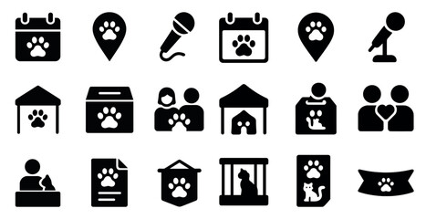 Pet care and adoption solid icons set – filled, silhouette, animal rescue symbols