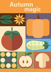 Autumn simple poster set. Autumn flyer set of designs Scandinavian mosaic. Banner autumn elements. Autumn design poster. Vector illustration.