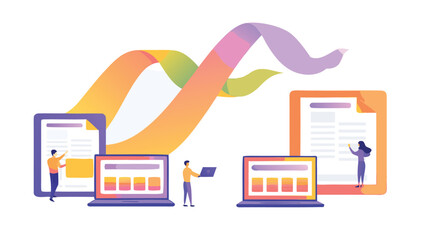 People interacting with laptops and documents under a colorful ribbon design element online work