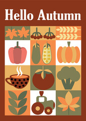 Autumn simple poster set. Autumn flyer set of designs Scandinavian mosaic. Banner autumn elements. Autumn design poster. Vector illustration.	