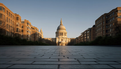 Golden Hour Light On The Millennium Bridge Leading Toward Historic London Dome And Symmetrical Architecture