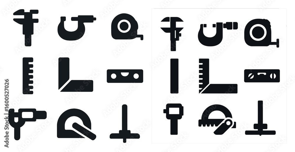 Poster measurement tool solid icons set – flat, filled, drafting and precision symbols
