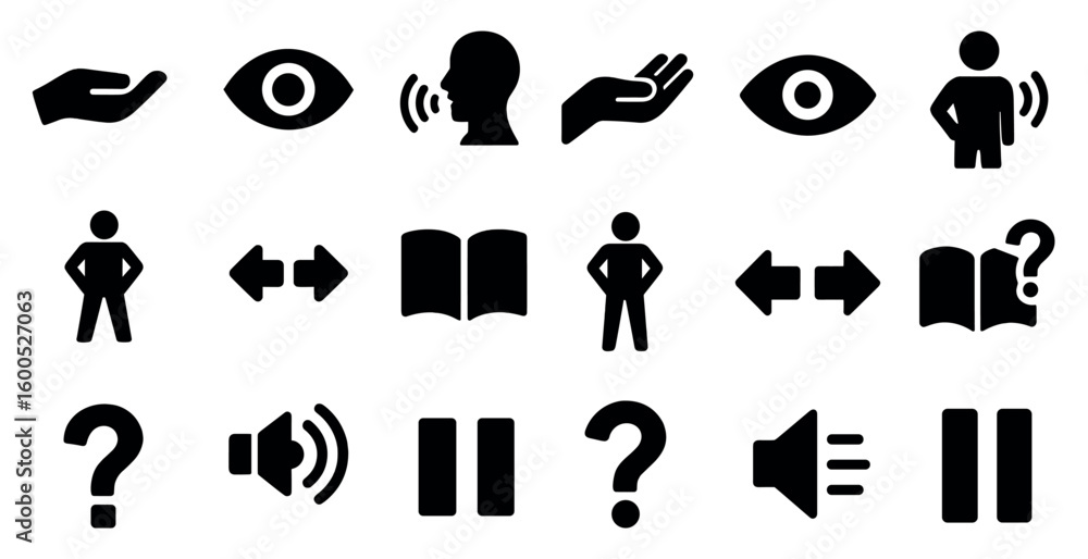 Poster communication and interaction icons set – solid, filled, symbols for messaging and listening