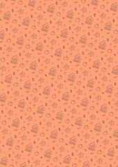 Autumn seamless pattern with pumpkins, leaves, mushrooms, and hello autumn sign on warm brown background. Seasonal wrapping surface.