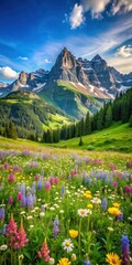 A tranquil alpine meadow with vibrant wildflowers swaying gently in the breeze amidst towering mountain peaks and lush greenery