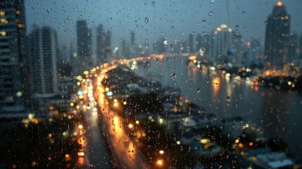 Raindrops on window overlooking Bangkok at night, with a river and traffic crossing a bridge in the distance, the city lights reflecting in the Chao Phraya River