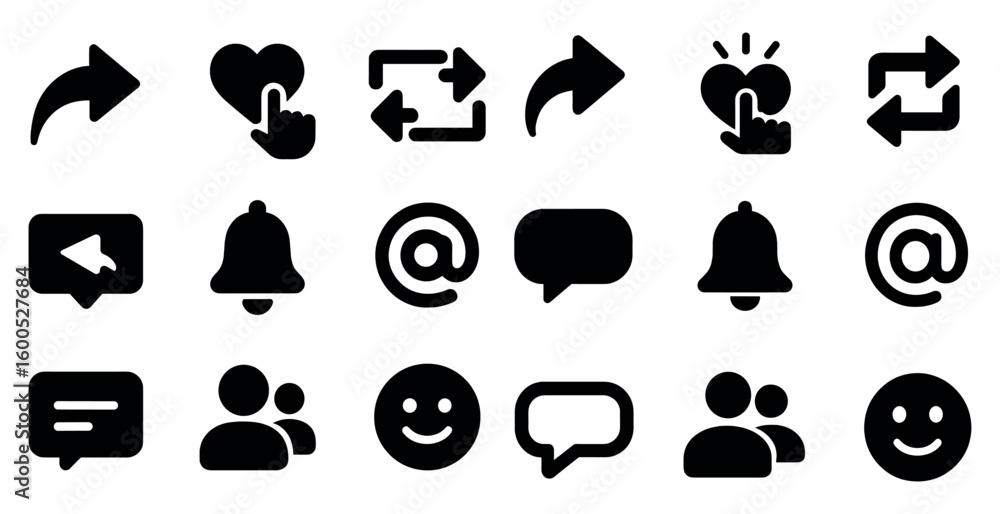 Poster communication and social media icons set in solid style – chat, network, interaction symbols