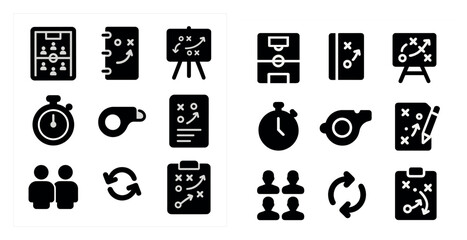 Sports strategy solid icons set &ndash; game plan, tactics, coaching symbols