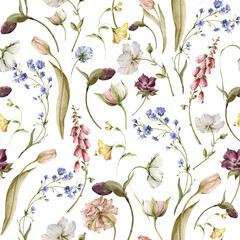 Watercolor floral seamless pattern. Hand painted leaves, meadow flowers, tulips. isolated on white background. Botanical illustration for textile, print, digital paper