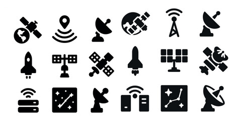 Space satellite solid icons set – filled, communication, aerospace symbols