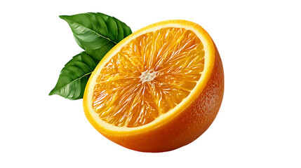 Fototapeta premium Juicy orange half with green leaves isolated on transparent background