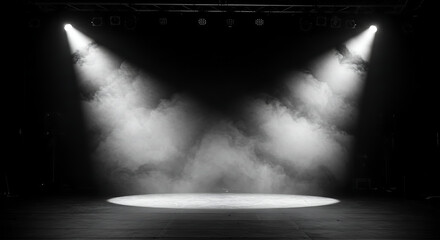Obraz premium Two bright spotlights cut through smoke on a dark, vacant concert or theater stage