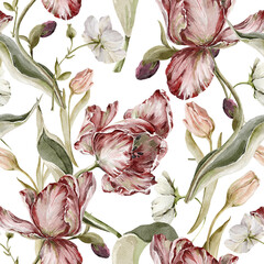 Watercolor floral seamless pattern. Hand painted leaves, meadow flowers, tulips. isolated on white background. Botanical illustration for textile, print, digital paper
