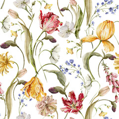 Watercolor floral seamless pattern. Hand painted leaves, meadow flowers, tulips. isolated on white background. Botanical illustration for textile, print, digital paper