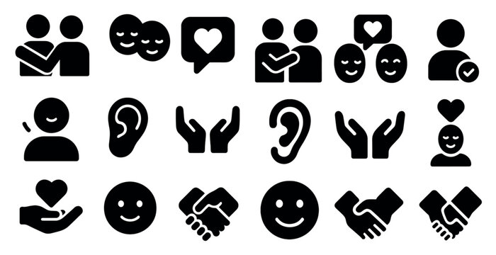 Empathy and communication solid icons set – filled, supportive, friendly symbols