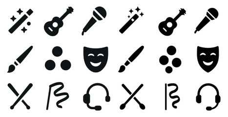 Music and arts solid icons set &ndash; filled, creative, entertainment symbols
