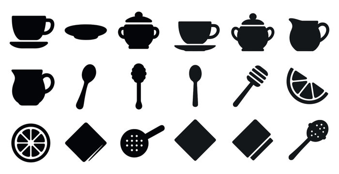 Kitchenware and utensils silhouette icons set – solid, flat, culinary essentials