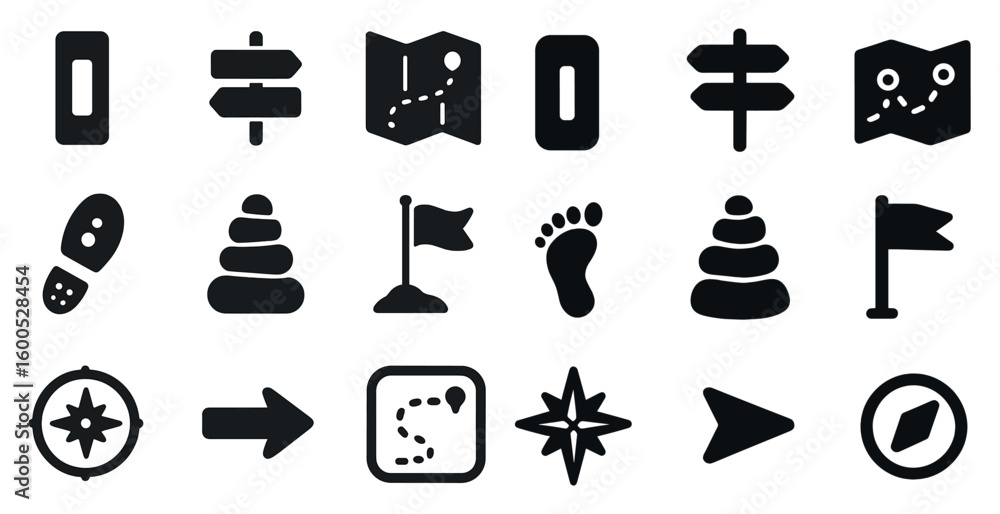 Poster navigation and travel filled icons set – solid symbols, direction, map design