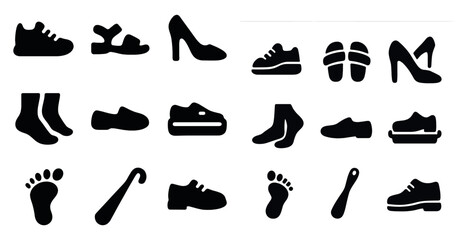 Footwear silhouette icons set – shoes, sandals, socks and stylish symbols