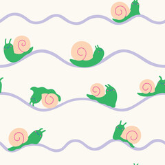 Seamless Adorable Snail Pattern. Cute Snail Texture with Wavy Lines